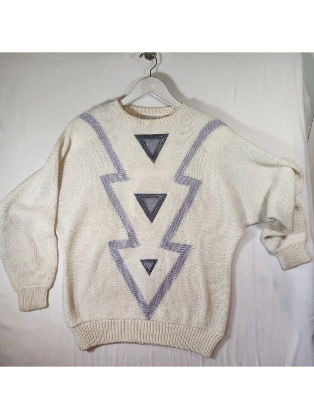 Vintage Franco Valeri 80s Cream Knit Sweater Snakeskin Leather Geometric Med